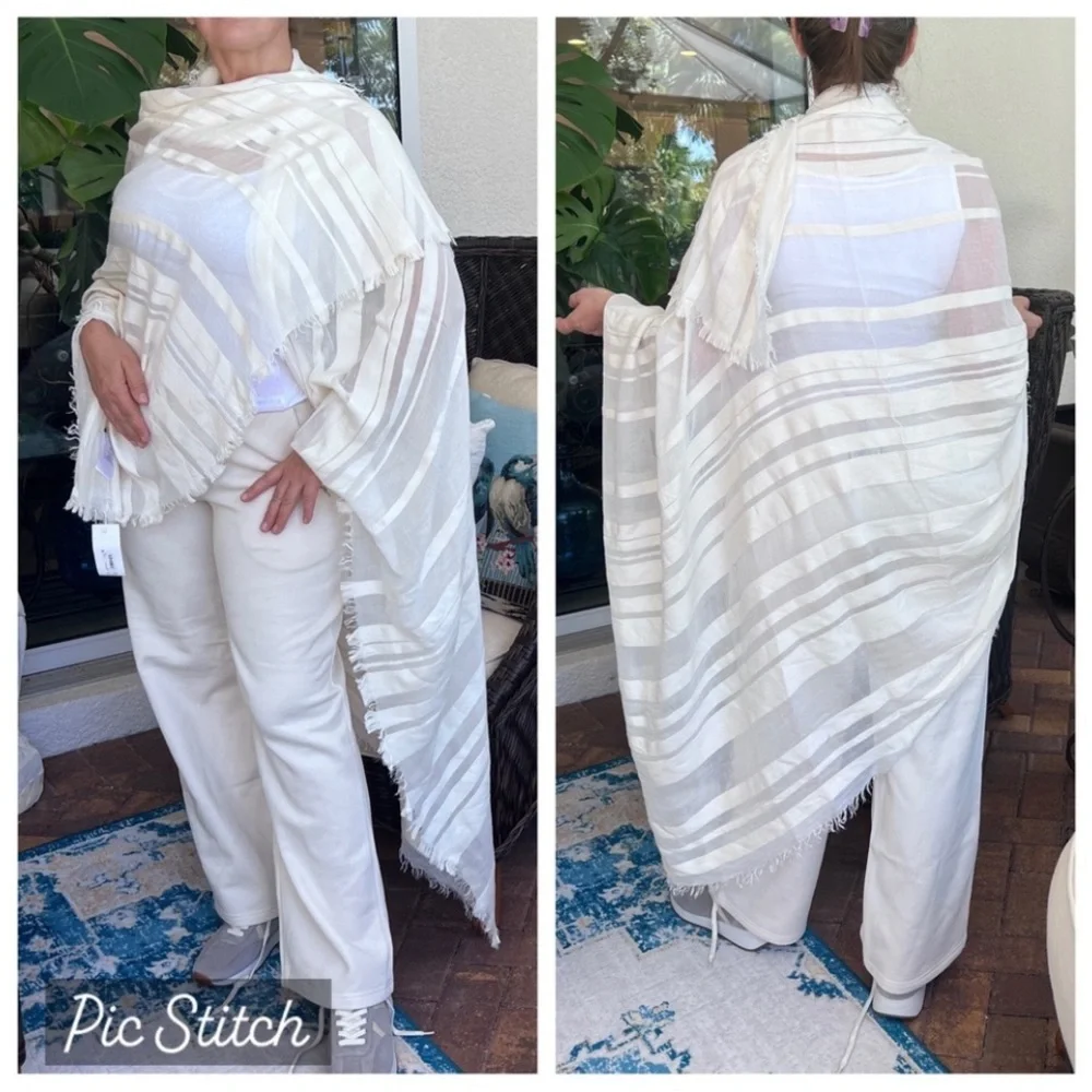 VINCE Large PASHMINA SCARF sheer stripe  cotton modal cashmere LIGHT Ivory